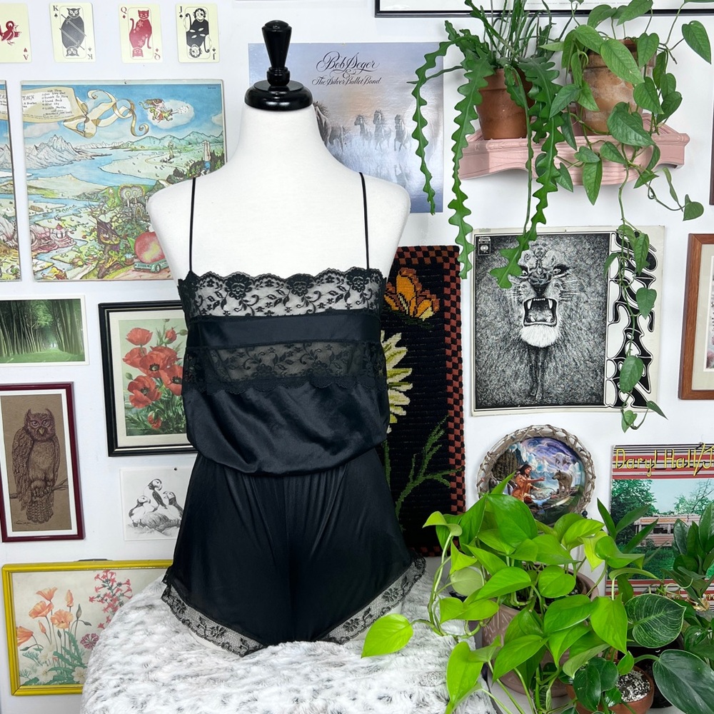 Vintage Black Lace Satin Romper
